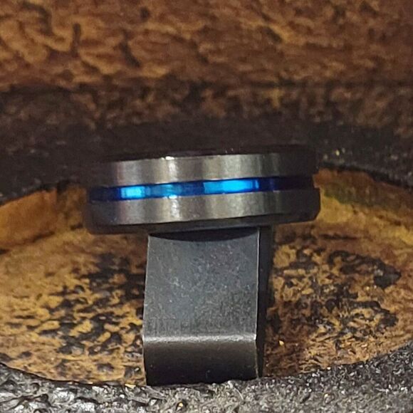 Mens Black Blue Line Wedding Promise Ring or Wedding Ring Band - Picture 4 of 6